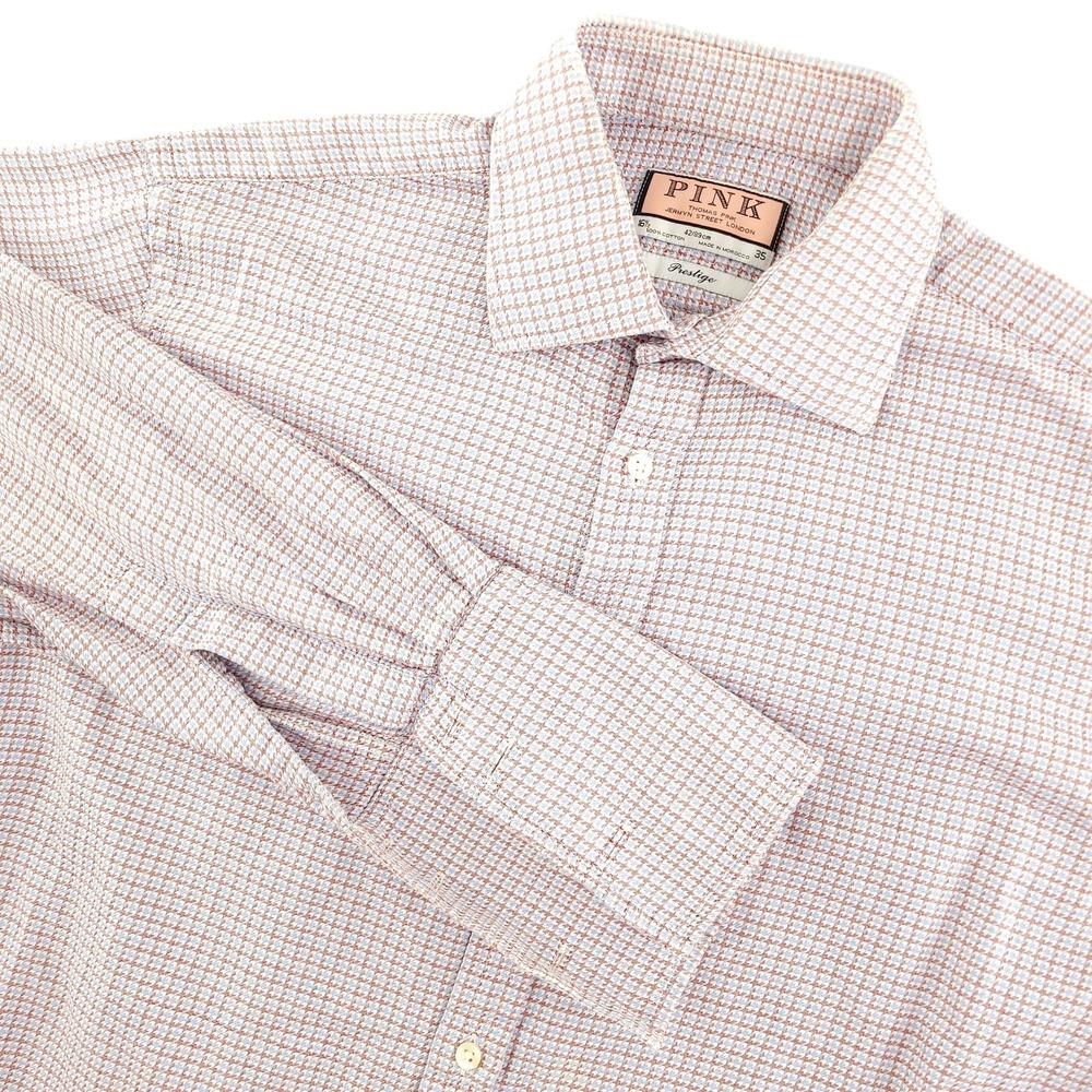 Thomas Pink Dress Shirt Mens 16.5 34/35 Pink Houndstooth Classic Fit Cotton